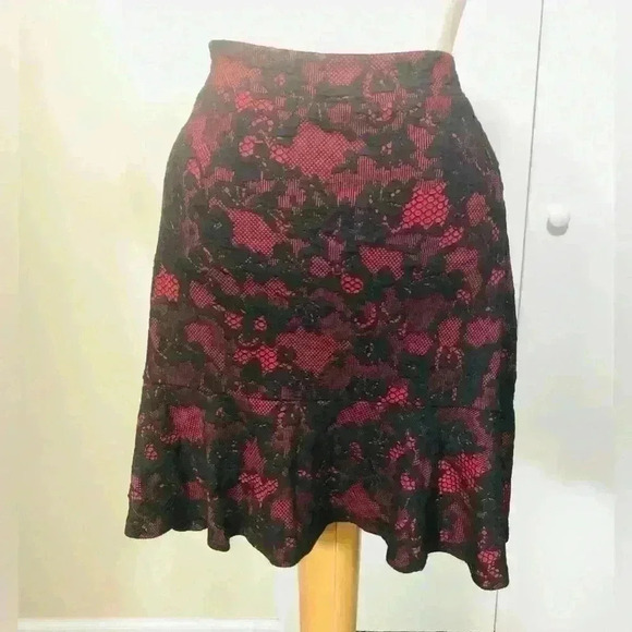 MICHAEL KORS Red Currant Black Lace Print Knit Flare Hem Skirt Petite Large NWT - Picture 3 of 16